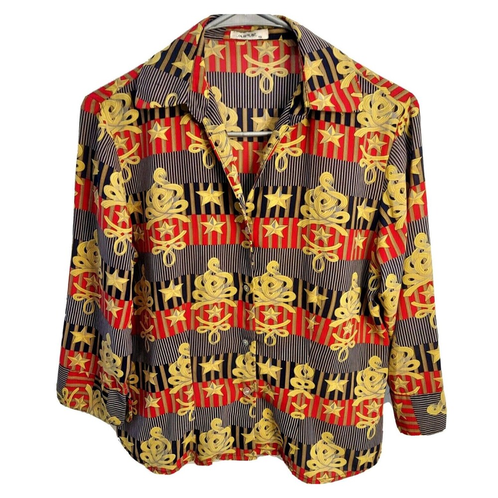 Jaipur Womens Small Button Blouse Nautical Patriotic Gold Black Red Stars